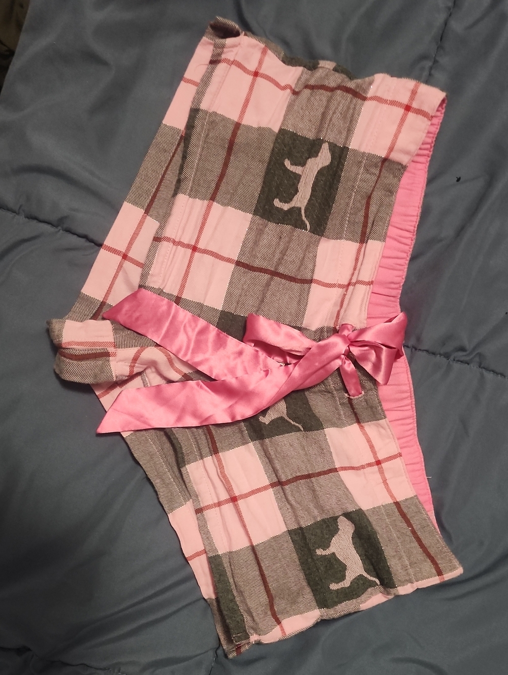 PINK Victoria's Secret Pink and Gray Plaid Lounge Shorts with Satin Bow